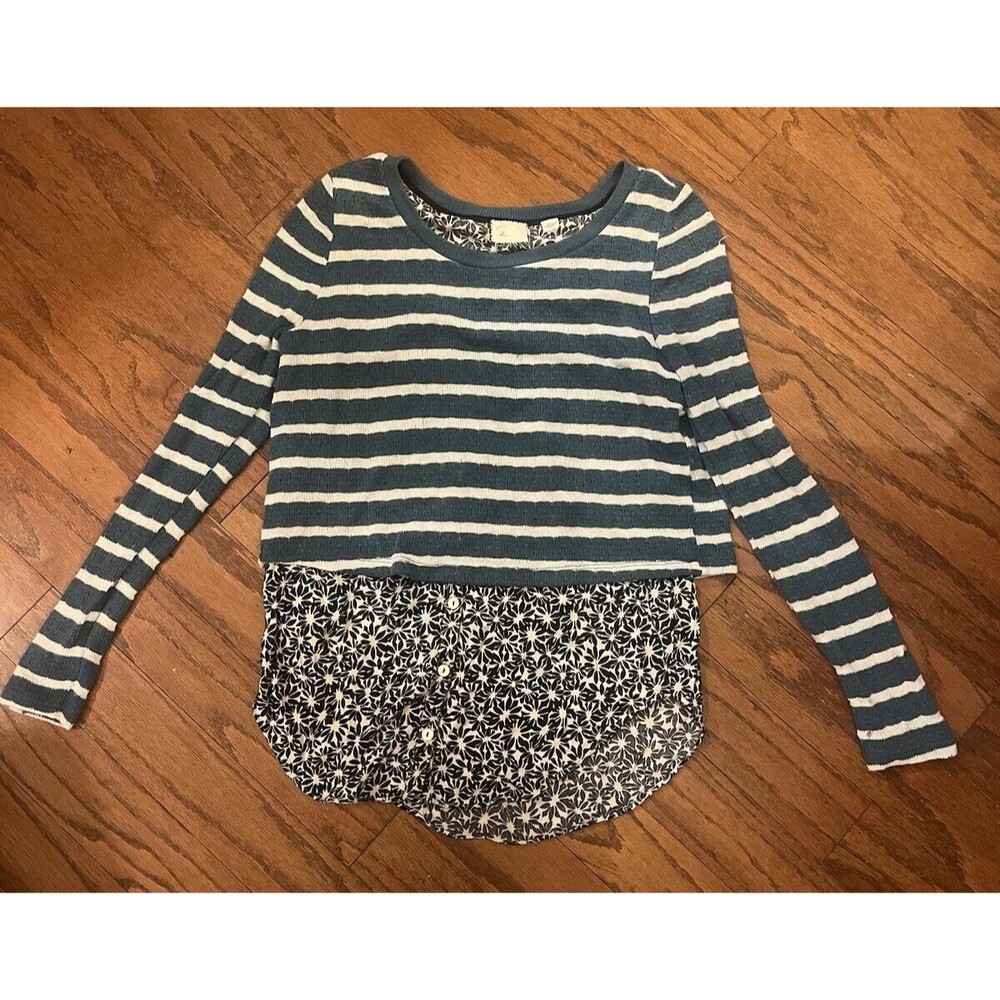 Anthropologie Postage Stamp Women Blue Striped Layered Blouse Sweater Size Small